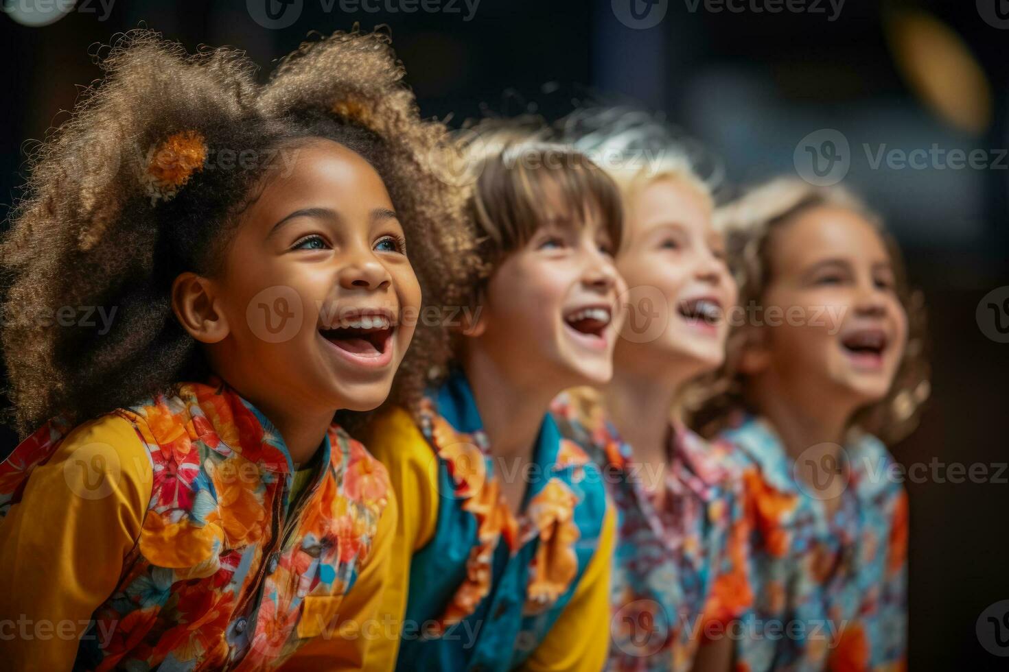 Children of diverse backgrounds uniting on stage to promote inclusivity and celebrate diversity photo