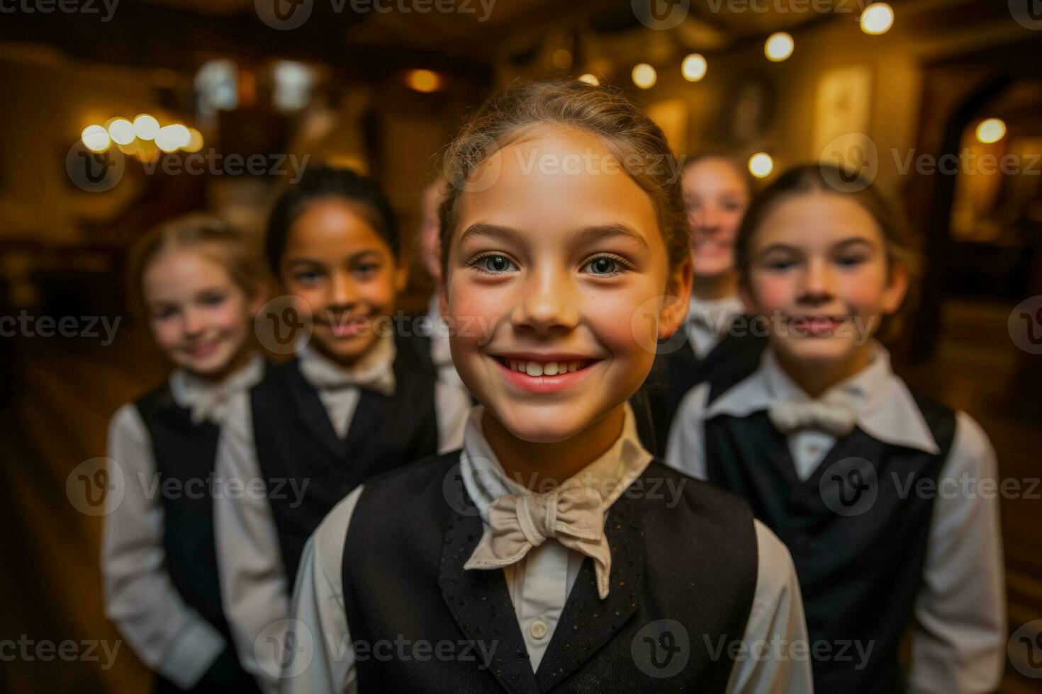 Young theater enthusiasts volunteering as ushers taking their first steps into the world of theater production photo