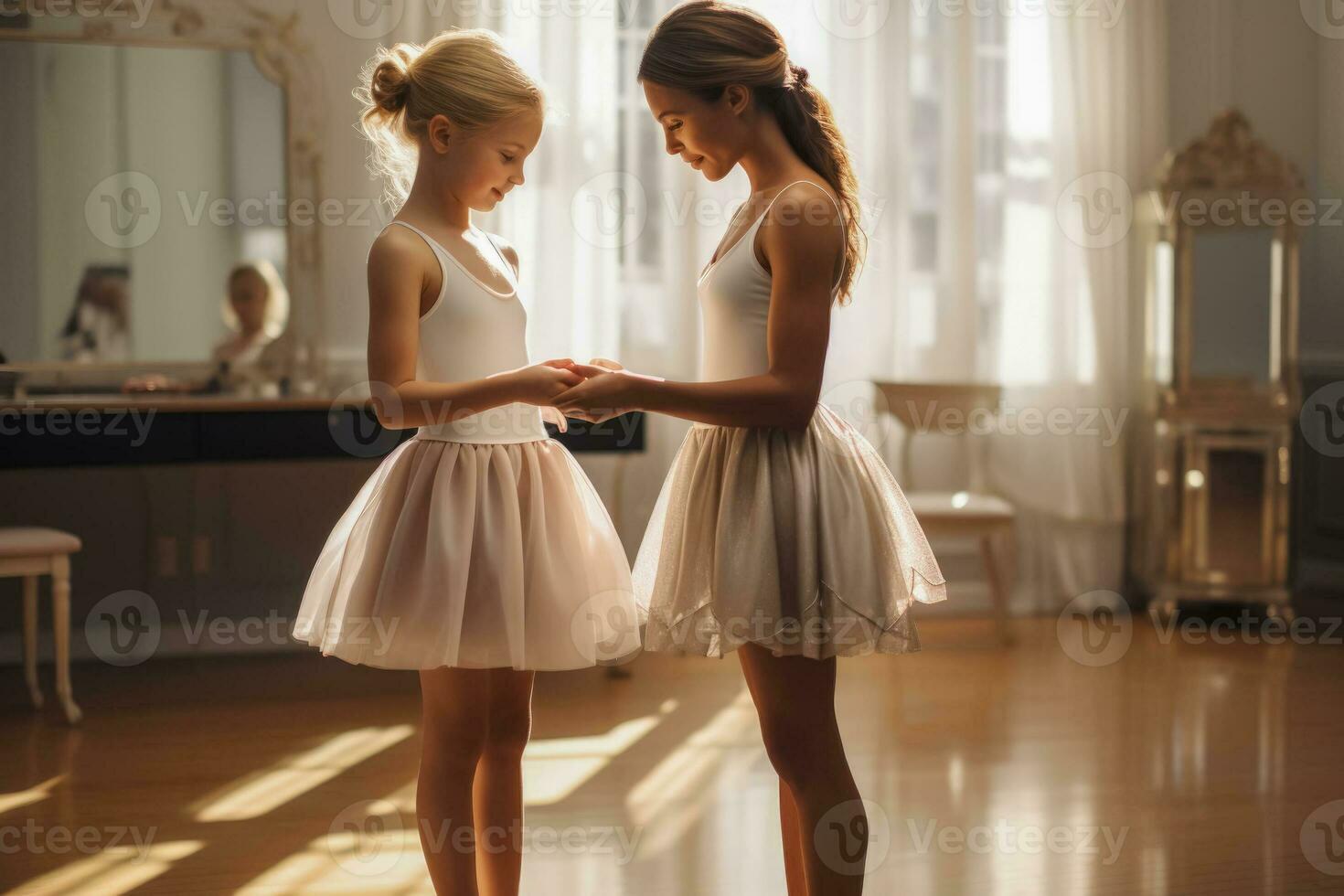 A little girl ballerina receiving guidance and encouragement from her dedicated teacher photo