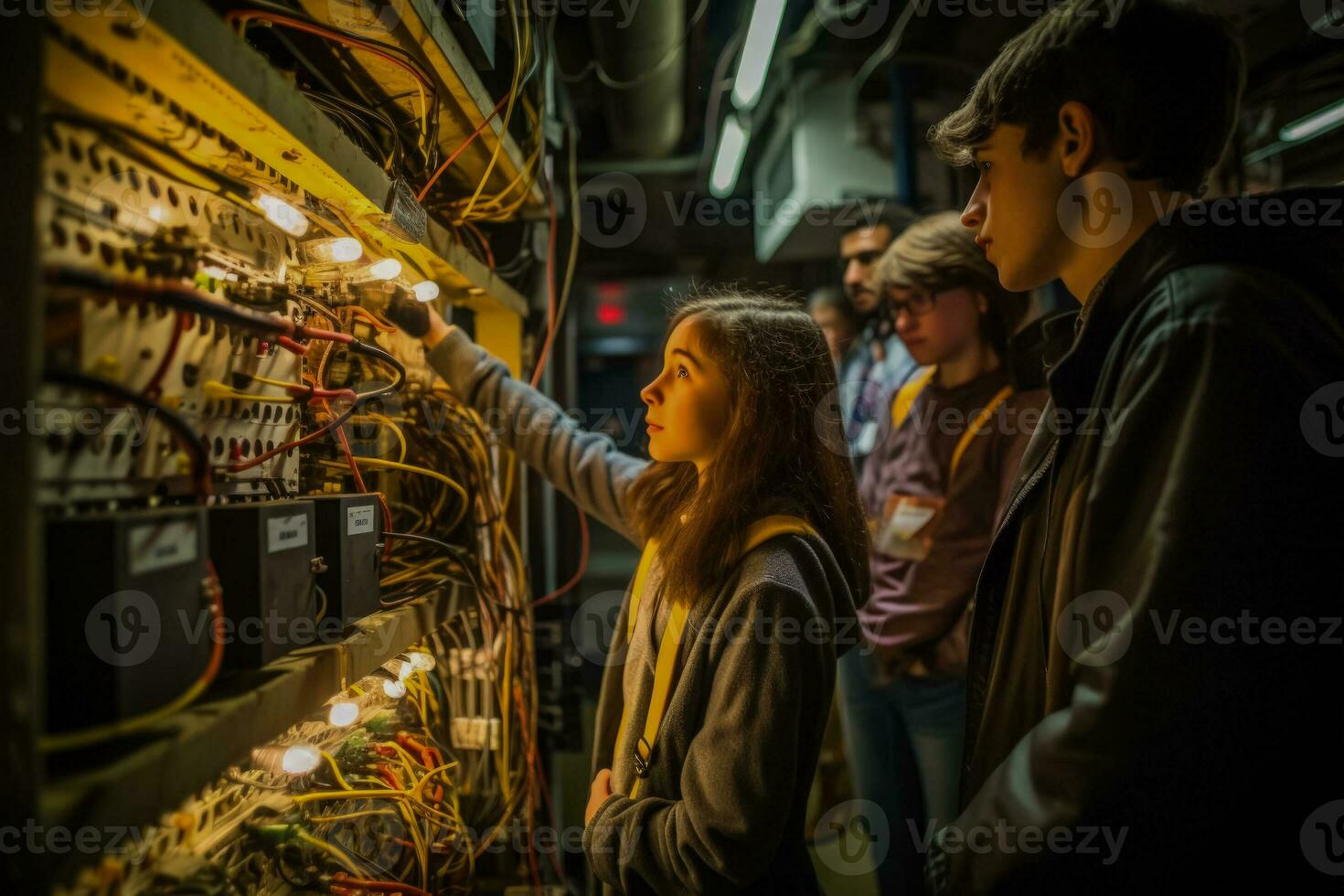 Young theater enthusiasts taking a backstage tour to learn about the production process photo