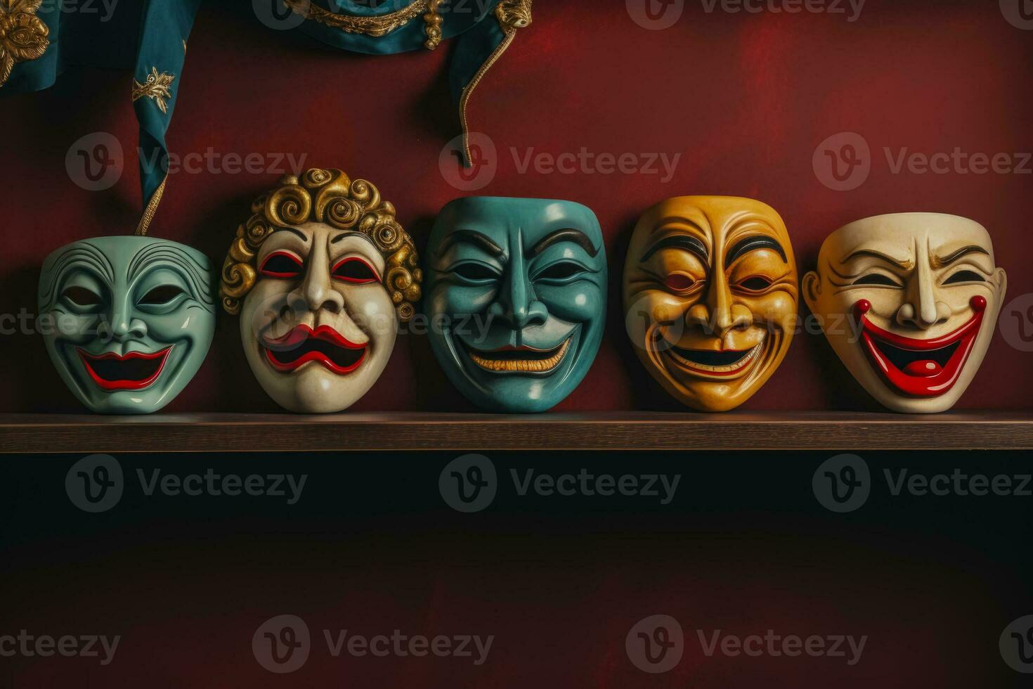Theater masks on a shelf symbolizing comedy and tragedy photo