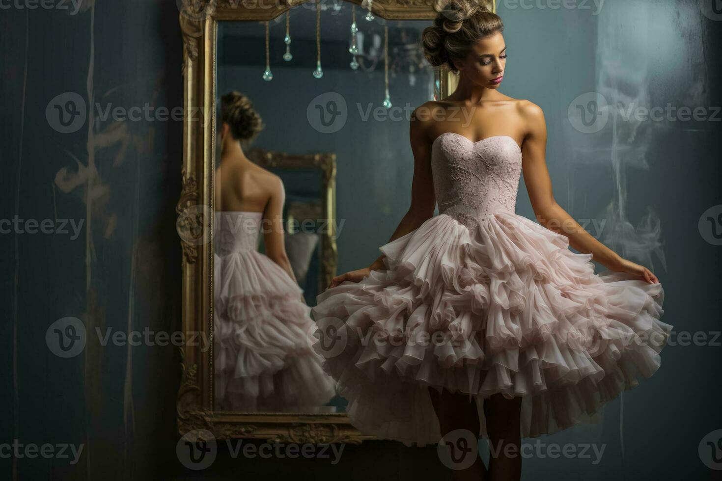 bailarina en un tutu girando graciosamente en frente de un lleno longitud espejo foto