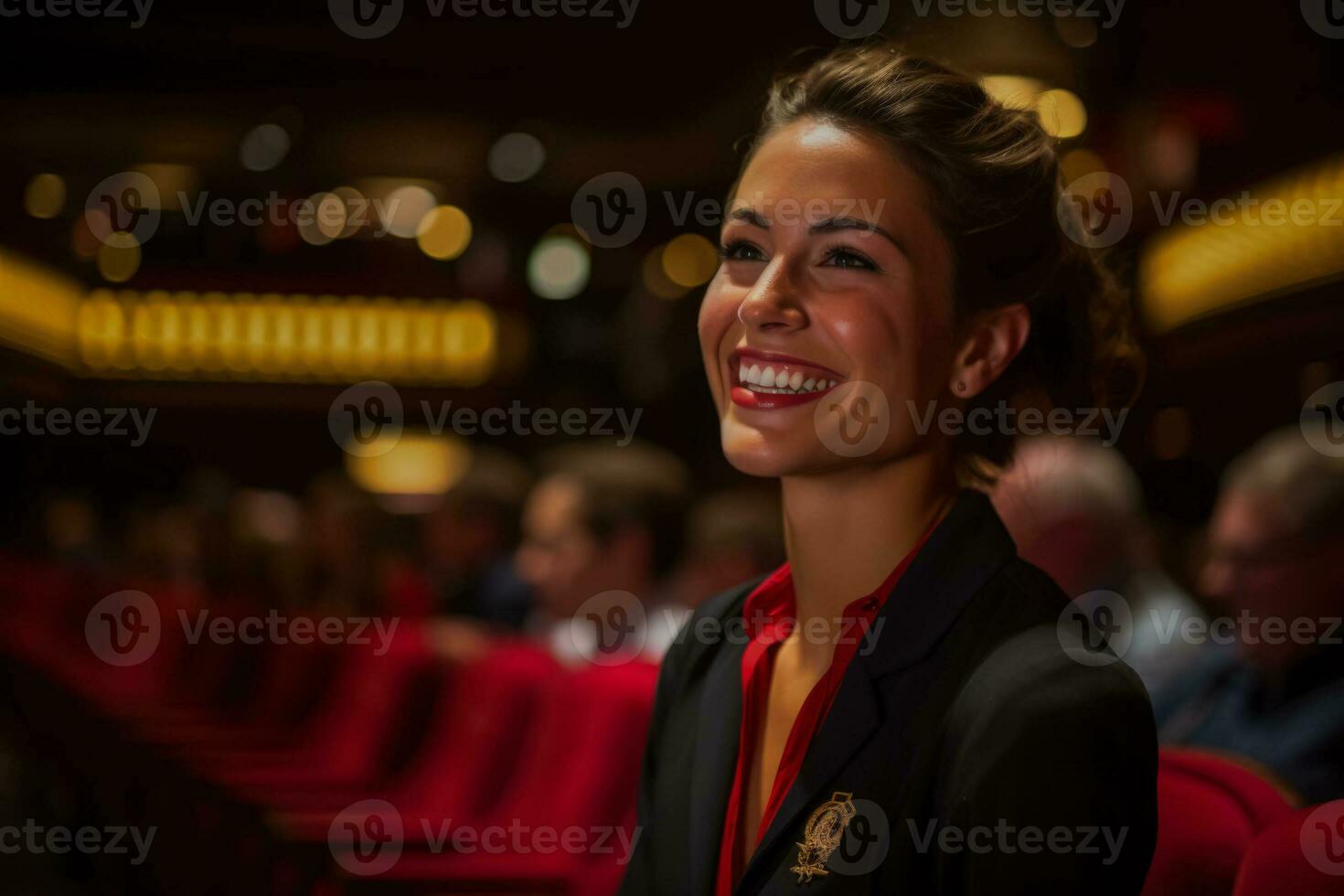 teatro ujieres estrella de guía mecenas a su asientos con acogedor sonrisas foto