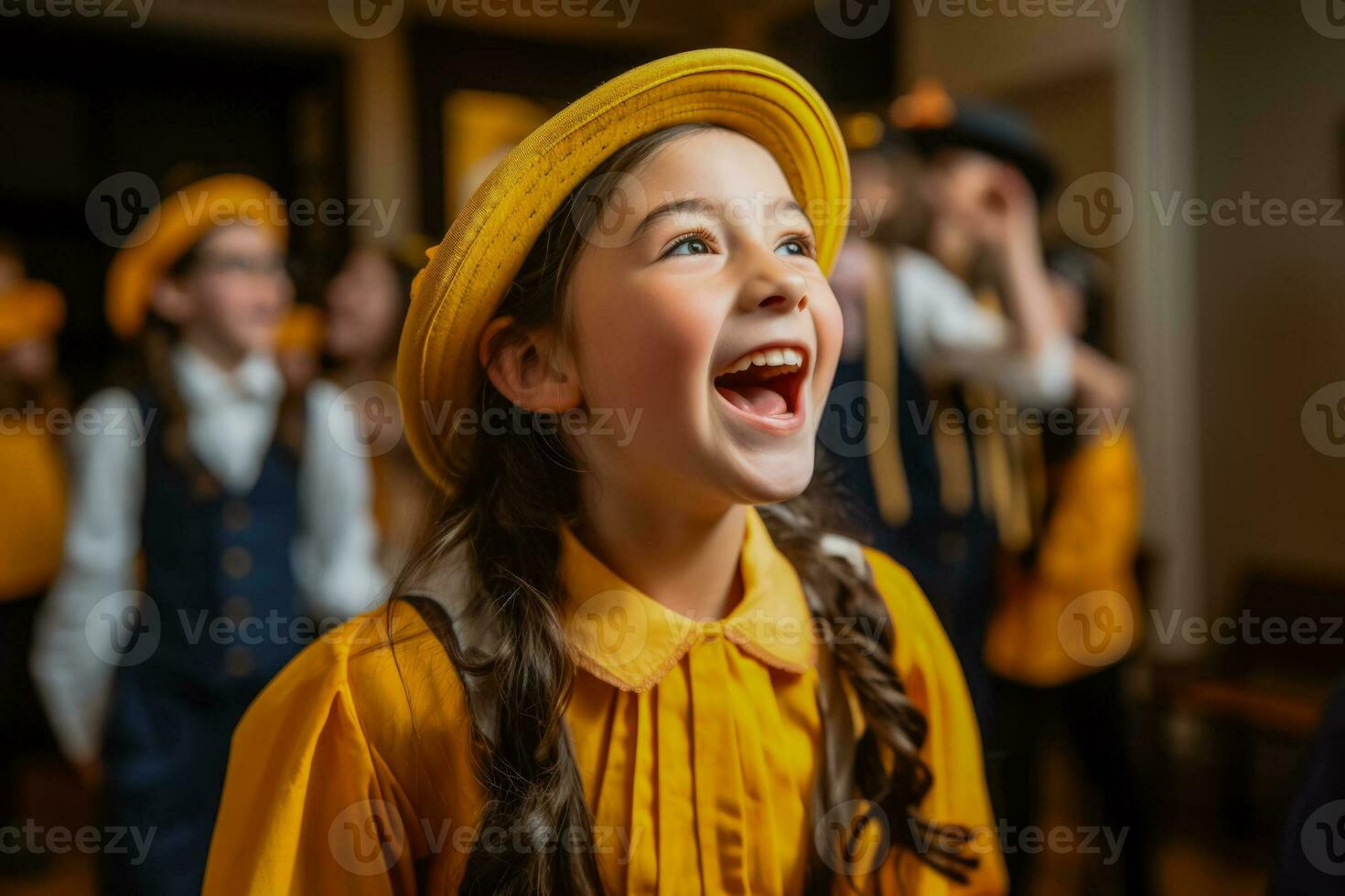 un grupo de para niños teatro estudiantes con entusiasmo ensayando un animado musical número foto