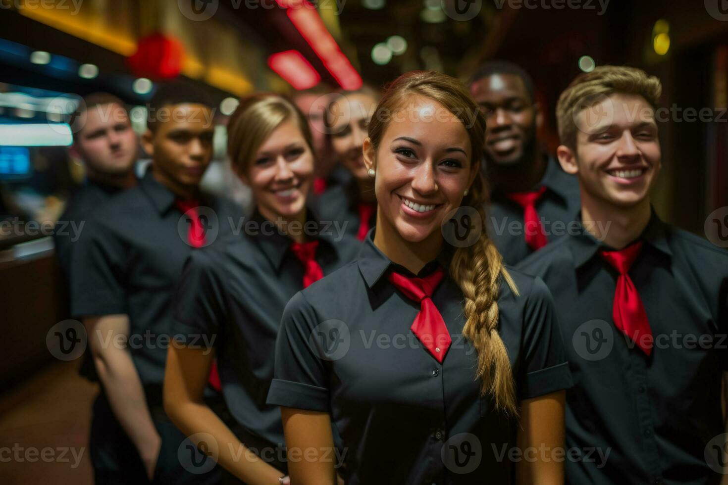 Young theater enthusiasts volunteering as ushers taking their first steps into the world of theater production photo