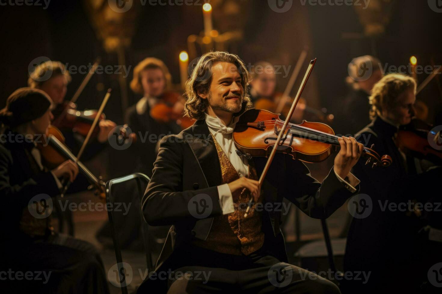 músicos apasionadamente jugando su instrumentos en el teatros grandioso orquesta foto