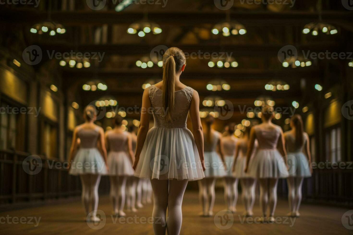 Rehearsal room filled with ballerinas perfecting their graceful movements photo