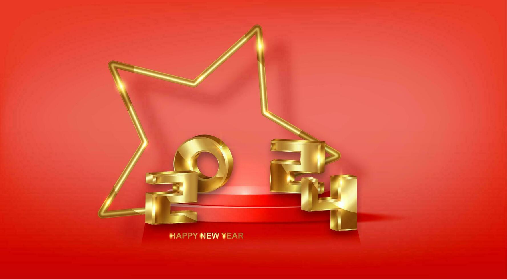 2024 golden 3D numbers, Happy New Year banner with gold star frame in 3d platform studio display. Fashion Pedestal floor. Luxury Stage showcase Christmas theme podium, vector red background