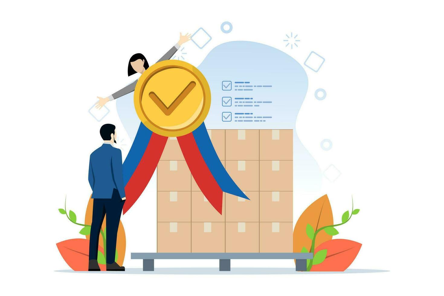 Product quality control concept. product guarantee, service quality. Look for inspection certificates. Employee checkbox. checking its compliance with regulations, Flat Vector illustration.