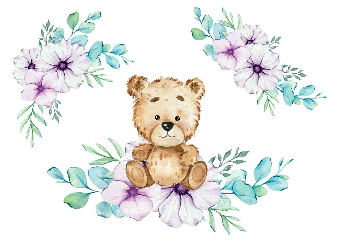 Cute Baby Bear Watercolor Illustration, Little Bear with balloons Isolated on white background. Hand Drawn Lovely Animal for nursery decor children illustration. Baby shower concept vector