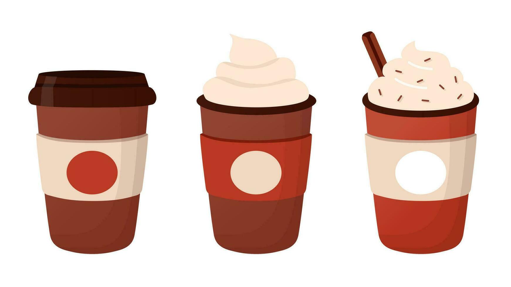Set of coffee cups, coffee dessert drinks isolated in flat style. vector
