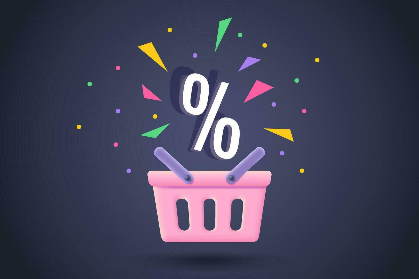 Vector pink shopping basket in realistic 3d style for sale. Vector illustration of pink shopping basket on dark background for black friday.