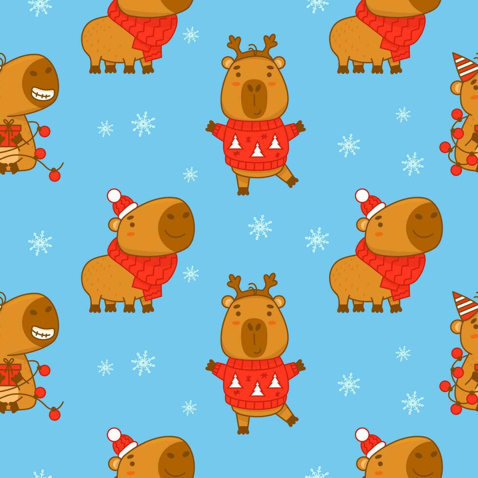 Christmas Seamless pattern with Cute winter capybara on blue background with snowflakes. Vector illustration for new year festive design, wallpaper, packaging, textile. kids collection.