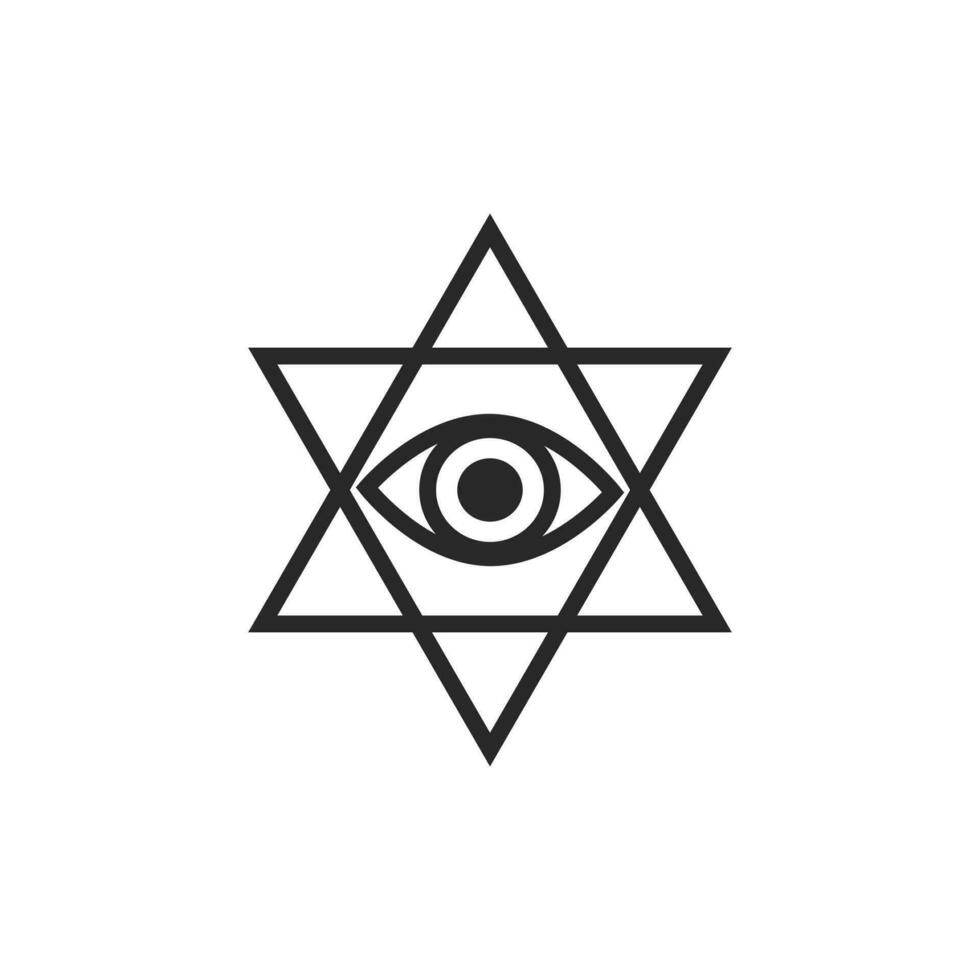All-seeing eye in pentagram vector graphic line art style, Tattoo design element, Esoteric symbol isolated