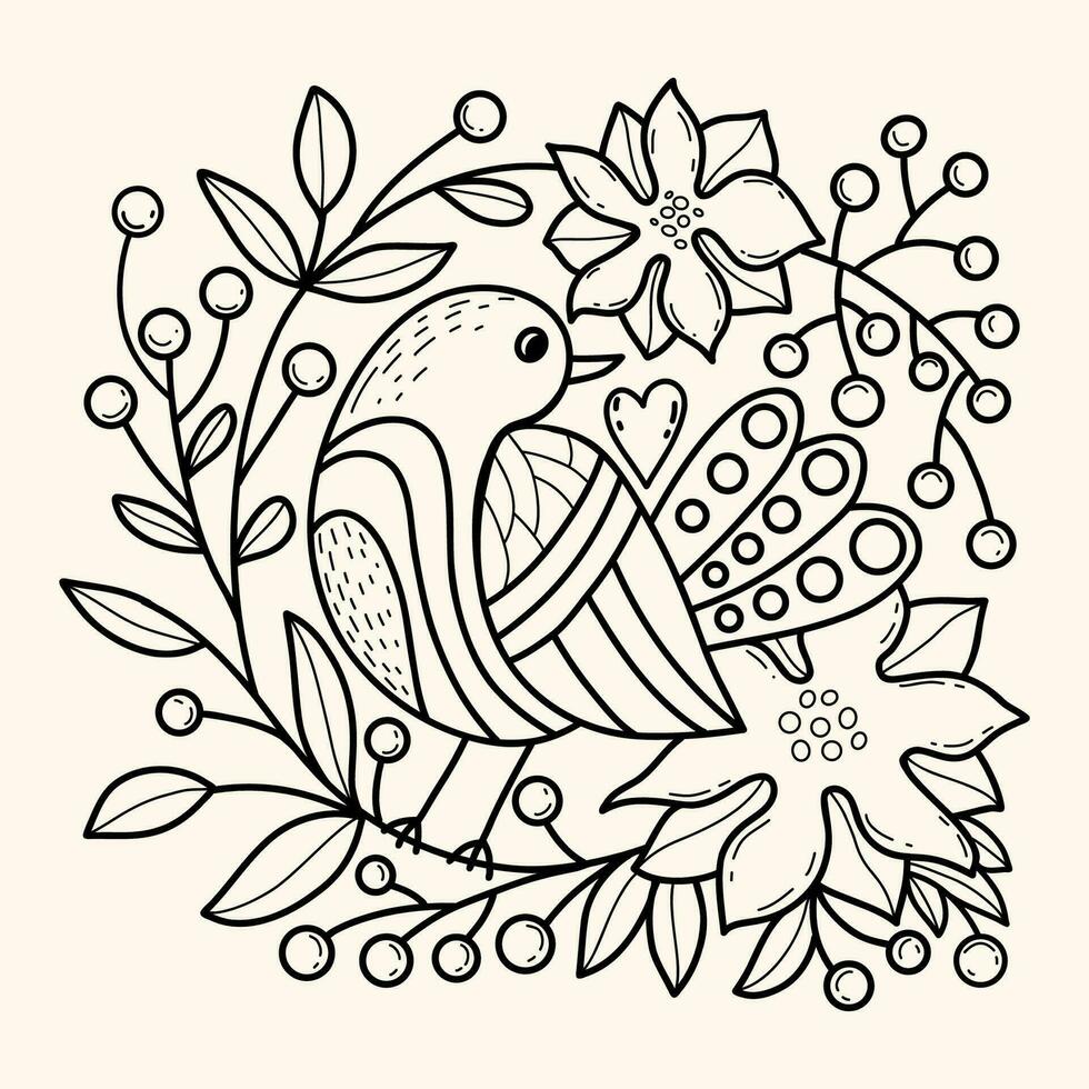 Cute bird with Christmas berries and flowers. Linear hand drawing. Vector illustration. Xmas design. feathered for holiday cards, coloring and decorating.