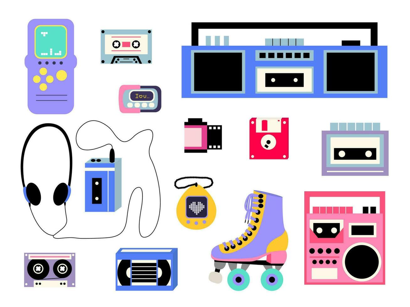 Classic 90s and 80s gadgets vector set. Flat style game console, audio cassette, recorder tape, floppy disk, vhs cassette, portable pet game and roller skate