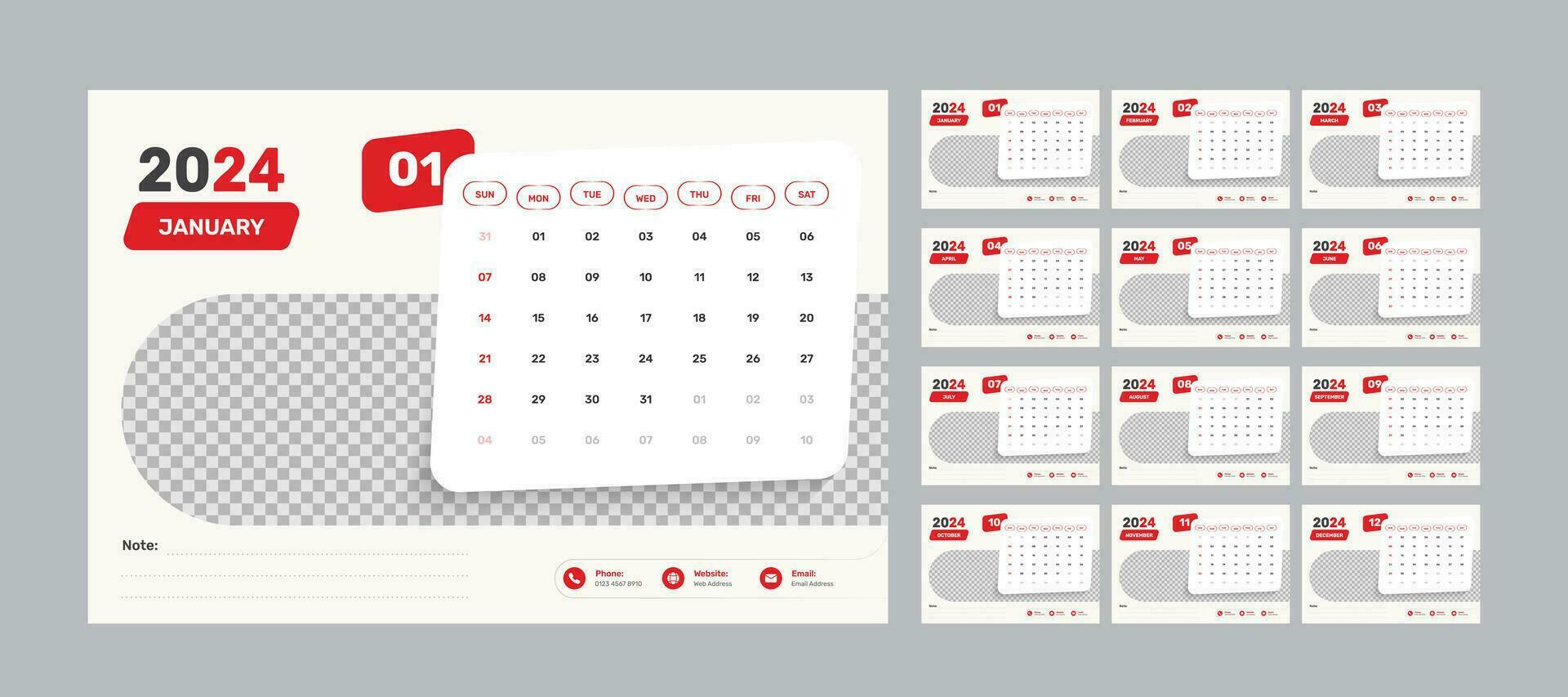 Modern desk calendar of 2024 with accurate date format and image placeholder vector