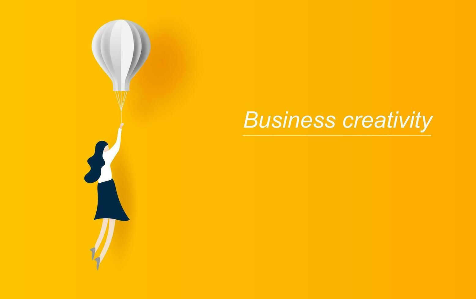 Business creativity vector concept idea with business woman flying with balloon. Symbol of innovation. Graphic design paper cut and art style for card, Poster.yellow. Vector illustration. EPS10