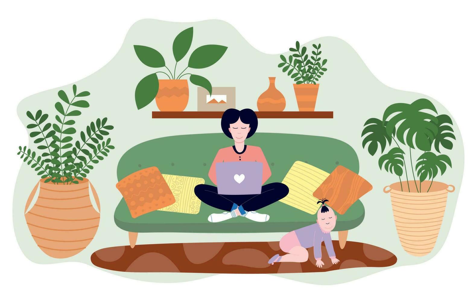Young mother sitting on sofa with laptop and baby girl crawling on floor. Vector illustration with new mom working at home during maternity leave