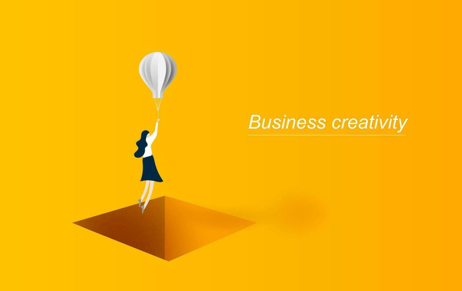 Business solution concept woman flying with balloon  over hole box.Symbol of innovation. Graphic design paper cut and art style for card, Poster.yellow. Vector illustration. EPS10