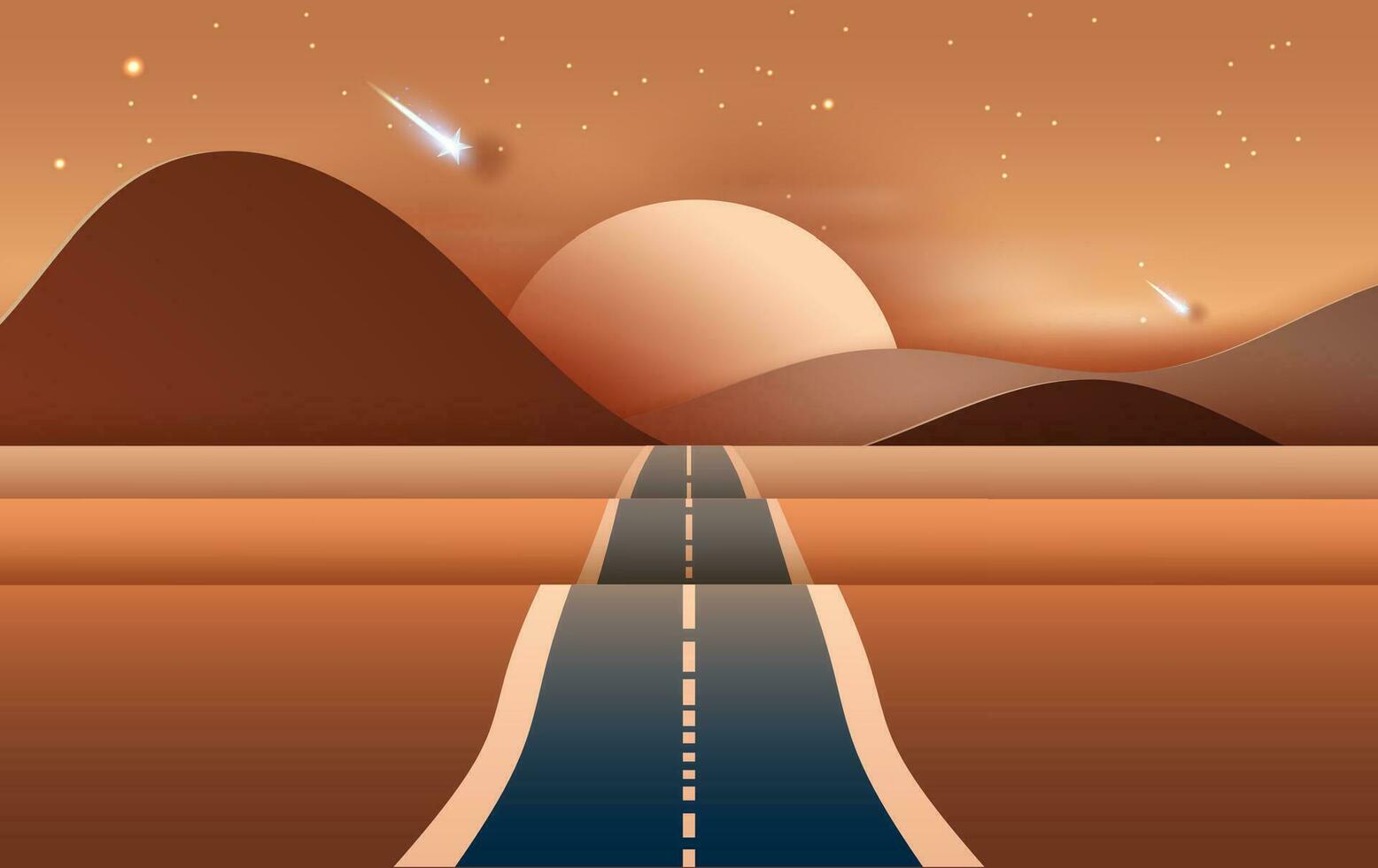 3D illustration of  Landscape with road to mountains across a dry desert.Light starfall at Evening time.Creative design Paper cut and craft by carving of hot summertime show sand dune. Vector. Eps10 vector
