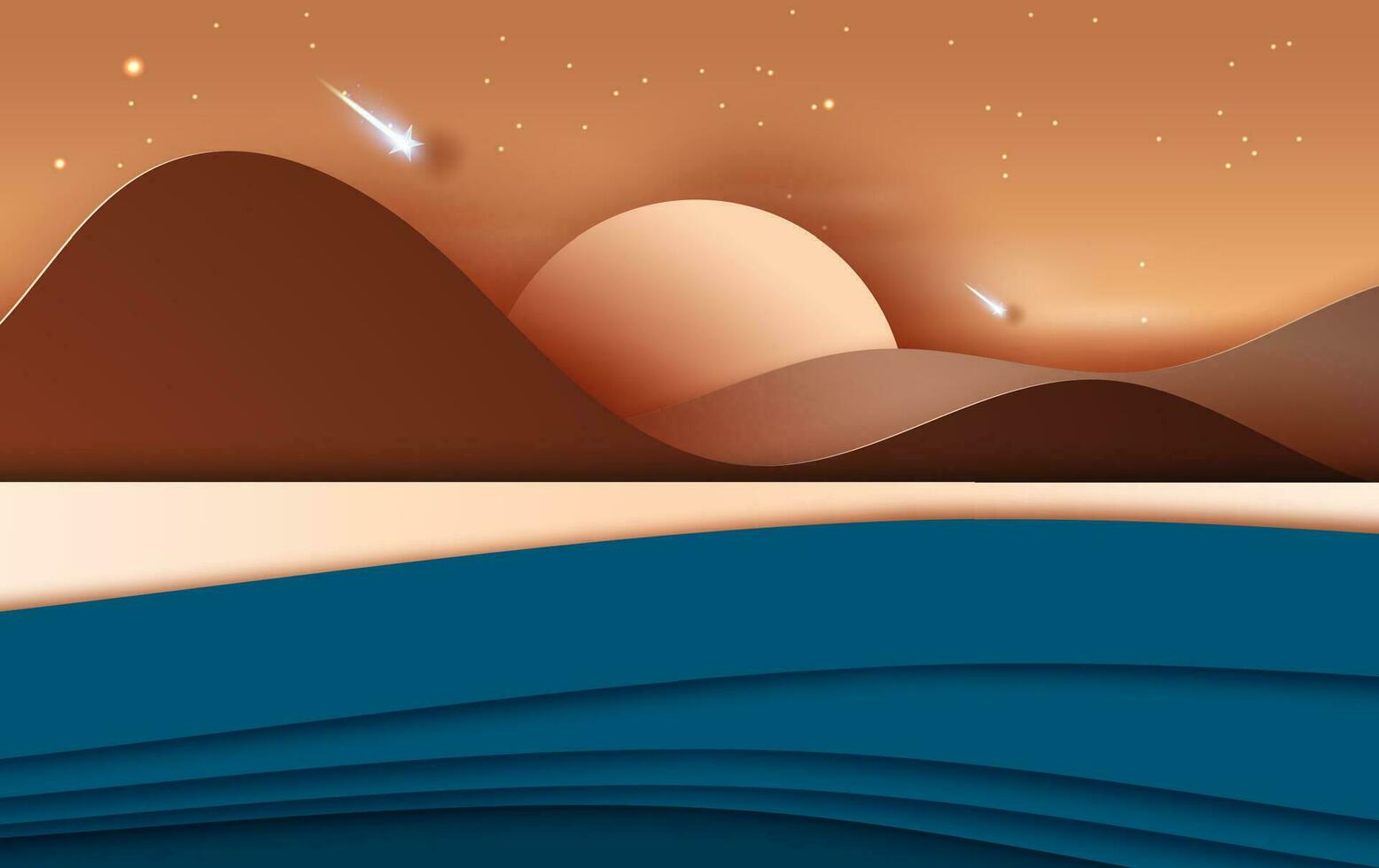 3D illustration of  Landscape with road to mountains across a dry desert.Light starfall at Evening time.Creative design Paper cut and craft by carving of hot summertime show sand dune. Vector. Eps10 vector