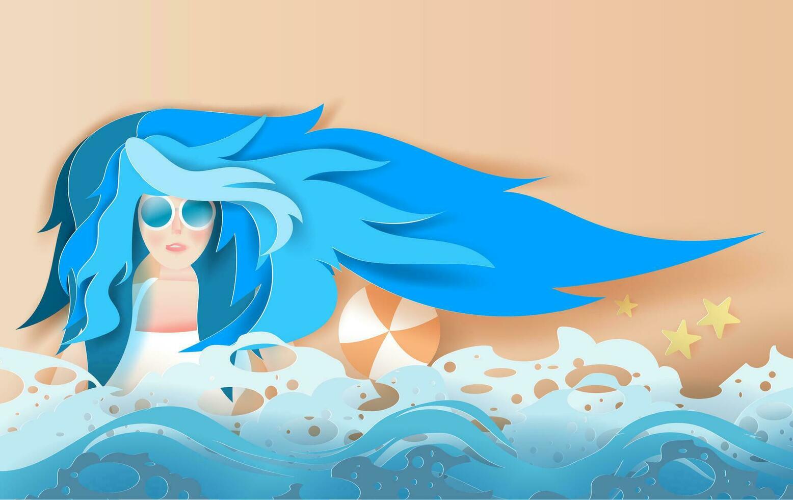 ilustración de hermosa niña con largo pelo con broncearse. joven mujer es relajante en playa. creativo diseño papel cortar y arte estilo. Hora de verano para mar ola. vector. eps10 vector