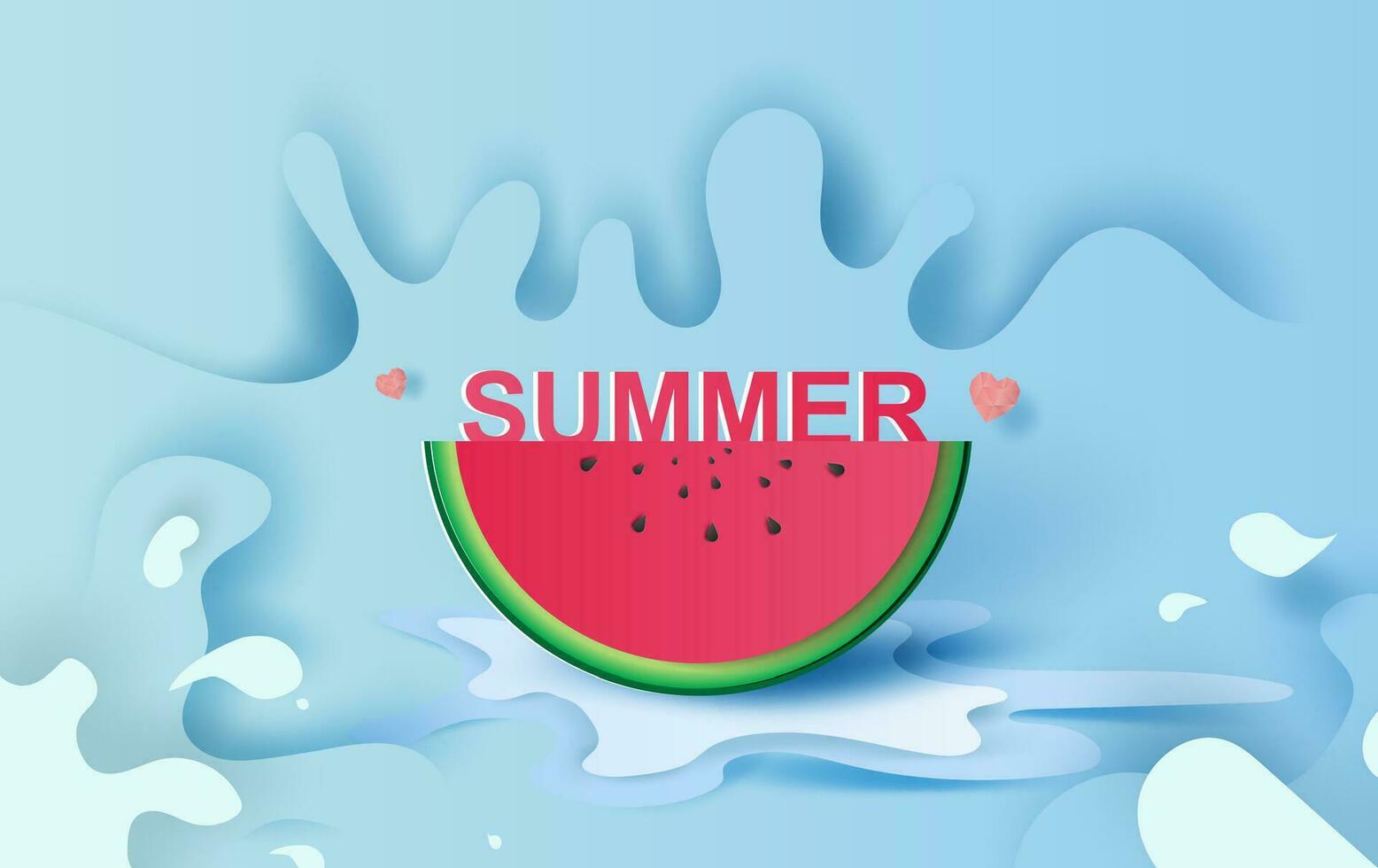 verano temporada concepto rebanada de sandía en azul agua chapoteo. Hola Hola verano letras .jugoso maduro Fruta el pastel color. creativo diseño papel cortar y arte estilo. gráfico vector. ilustración vector