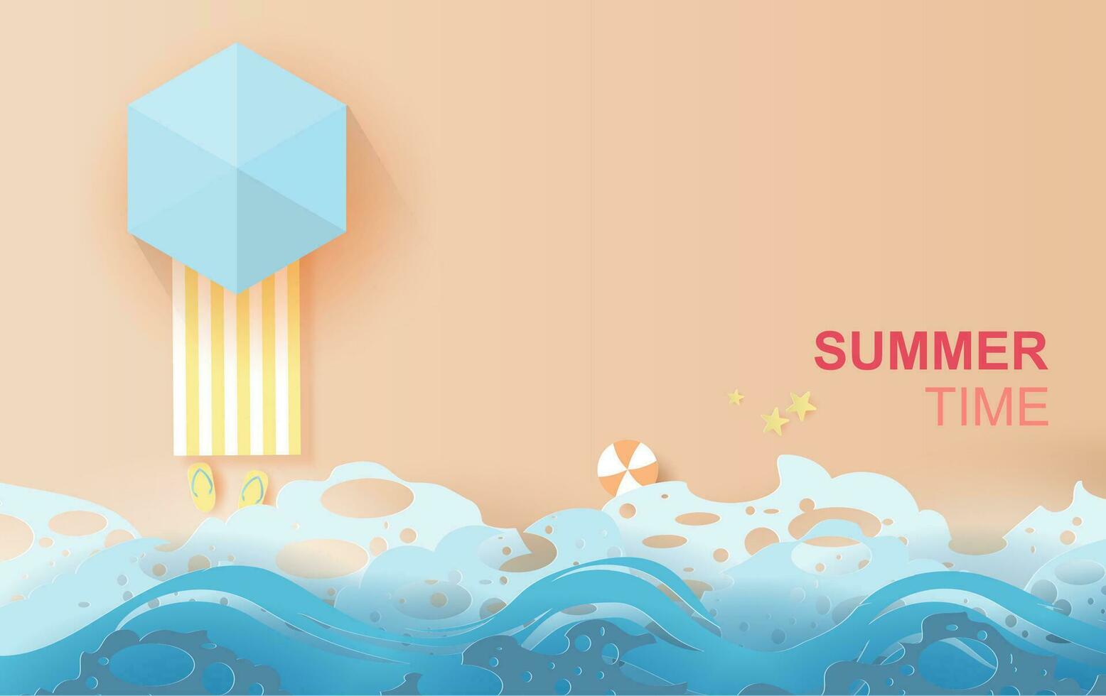 illustration of top view  travel summer season on the beach.Decoration swimming equipment. Seaside with landscape pastel color tone background,Paper cut and craft style vector. Origami paper art.EPS10 vector
