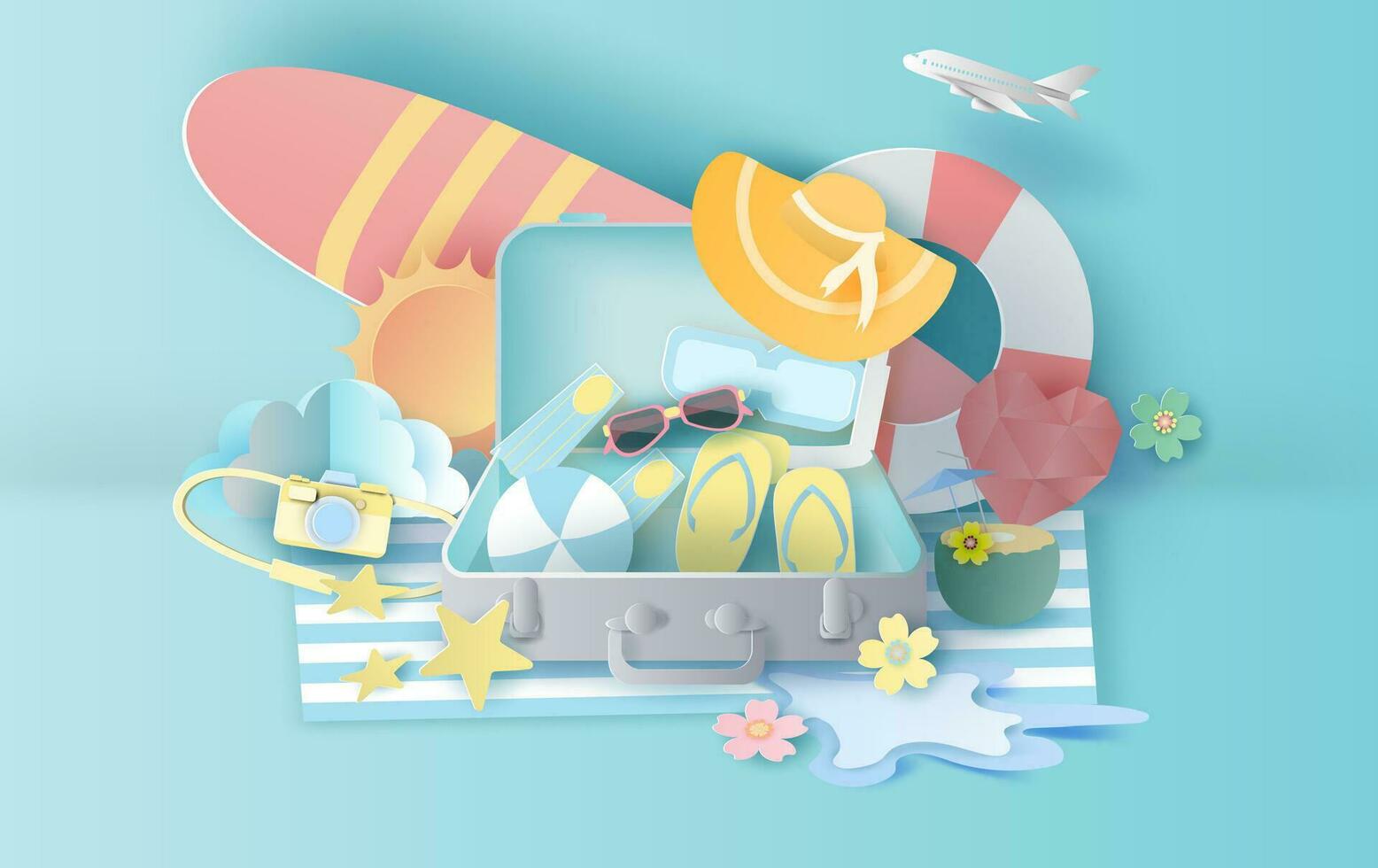 illustration of summer season sunset with suitcase concept,travel for swimming decoration. Holiday for Equipment playing relax. Graphic Paper cut and craft style idea. Pastel color. vector.EPS10 vector