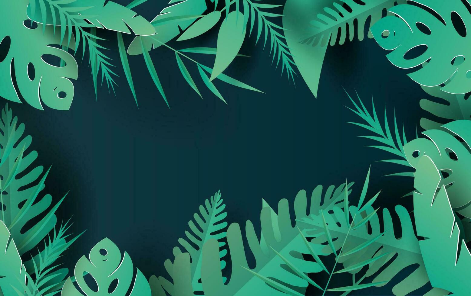 3D illustration of Tropical palm leaves and nature plants.Design Paper cut and craft Origami Hawaiian style summertime space for text. Graphic dark green summer season floral background.vector. EPS10 vector