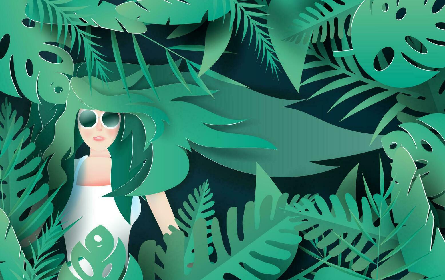 illustration of Beautiful girl with long hair. Young cute woman relaxing in tropical  jungle. People the sleeping for glasses in forest. Creative Design paper cut and craft. summer. vector. EPS10 vector