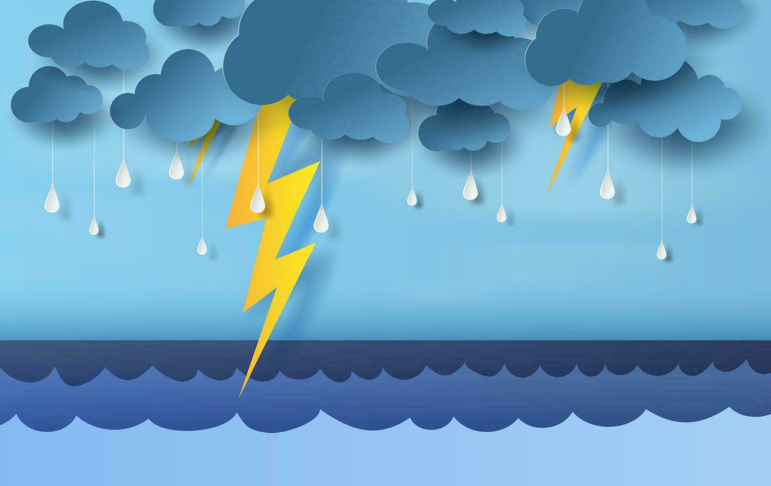 illustration of seascape view with black cloud and yellow lighting on blue sky.Rainy season in sea with storm lightning,3D paper art and craft style. vector pastel color poster,web-site for print.