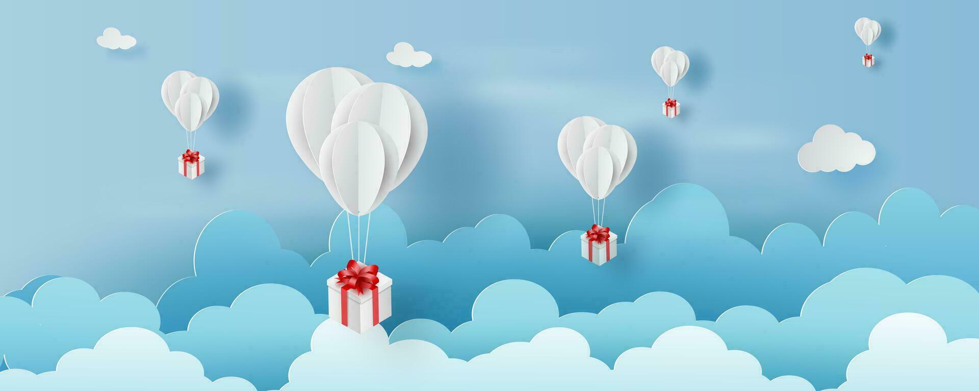 3D paper art and craft style of balloon white  floating and Gift Box on in the air blue sky.Your text space background vector.Festival decorations for card concept.Christmas,vector.illustration.EPS10 vector