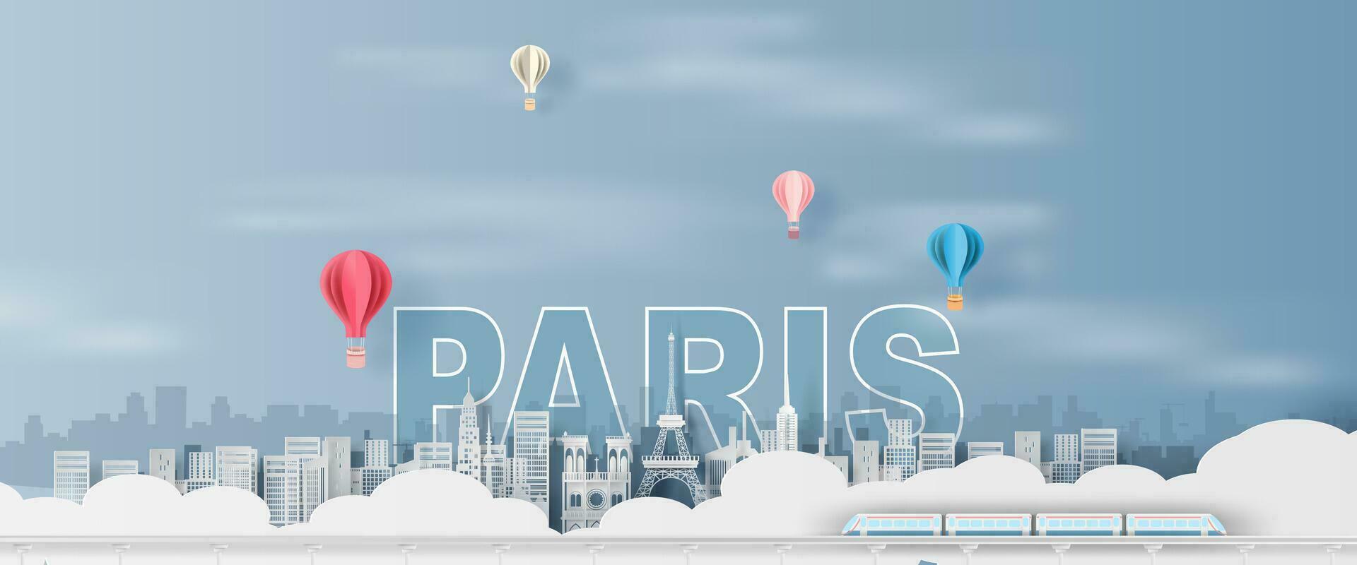 Paper art and craft of Traveling holiday Eiffel tower Paris city France,Travel holiday time transportation train landmarks city pastel color landscape concept,Creative paper cut balloon color.vector. vector
