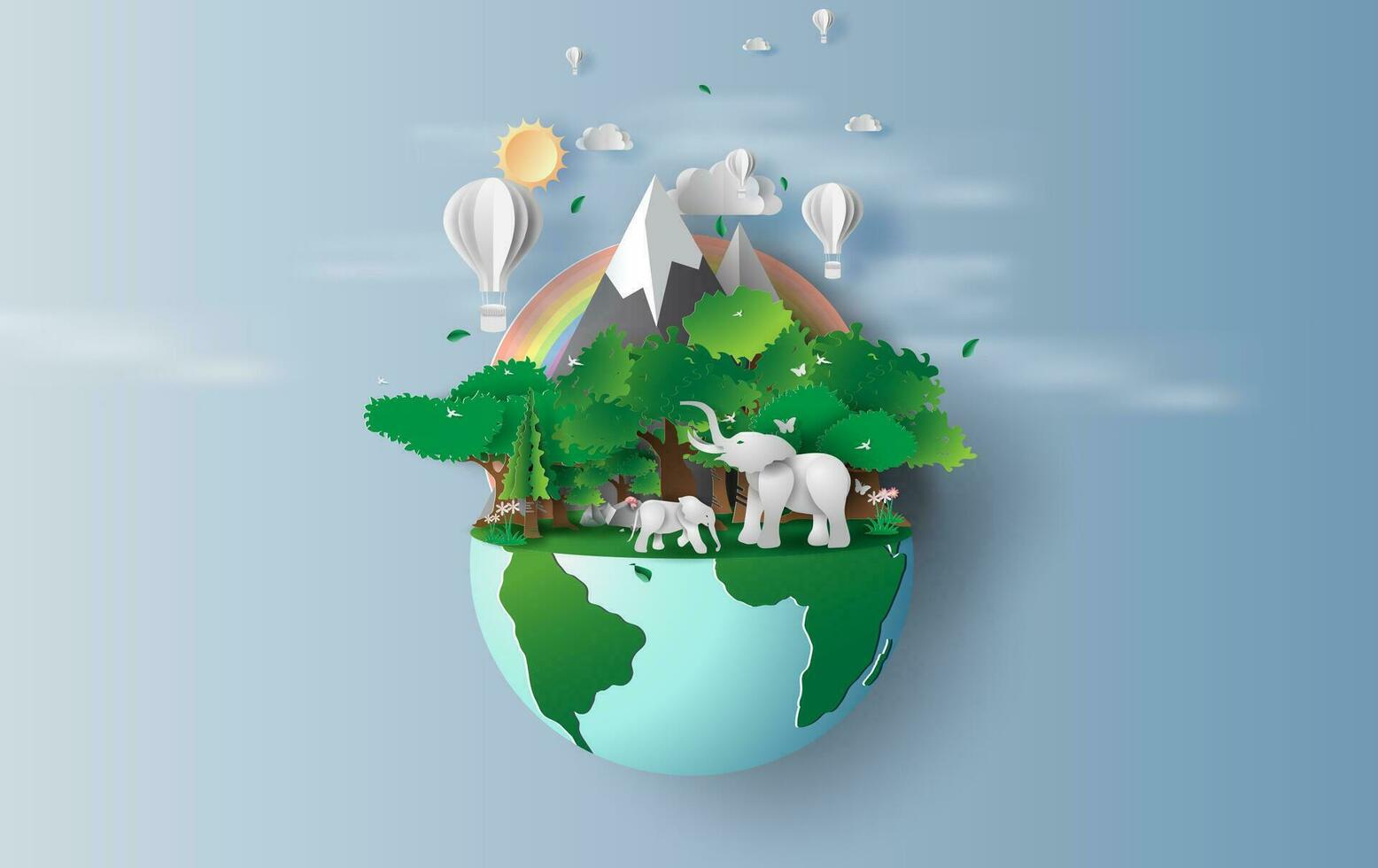 illustration of elephants in green trees forest,Creative Origami design world environment and earth day concept.Landscape Wildlife with Deer in green nature plant by rainbow,balloons.paper cut,craft vector