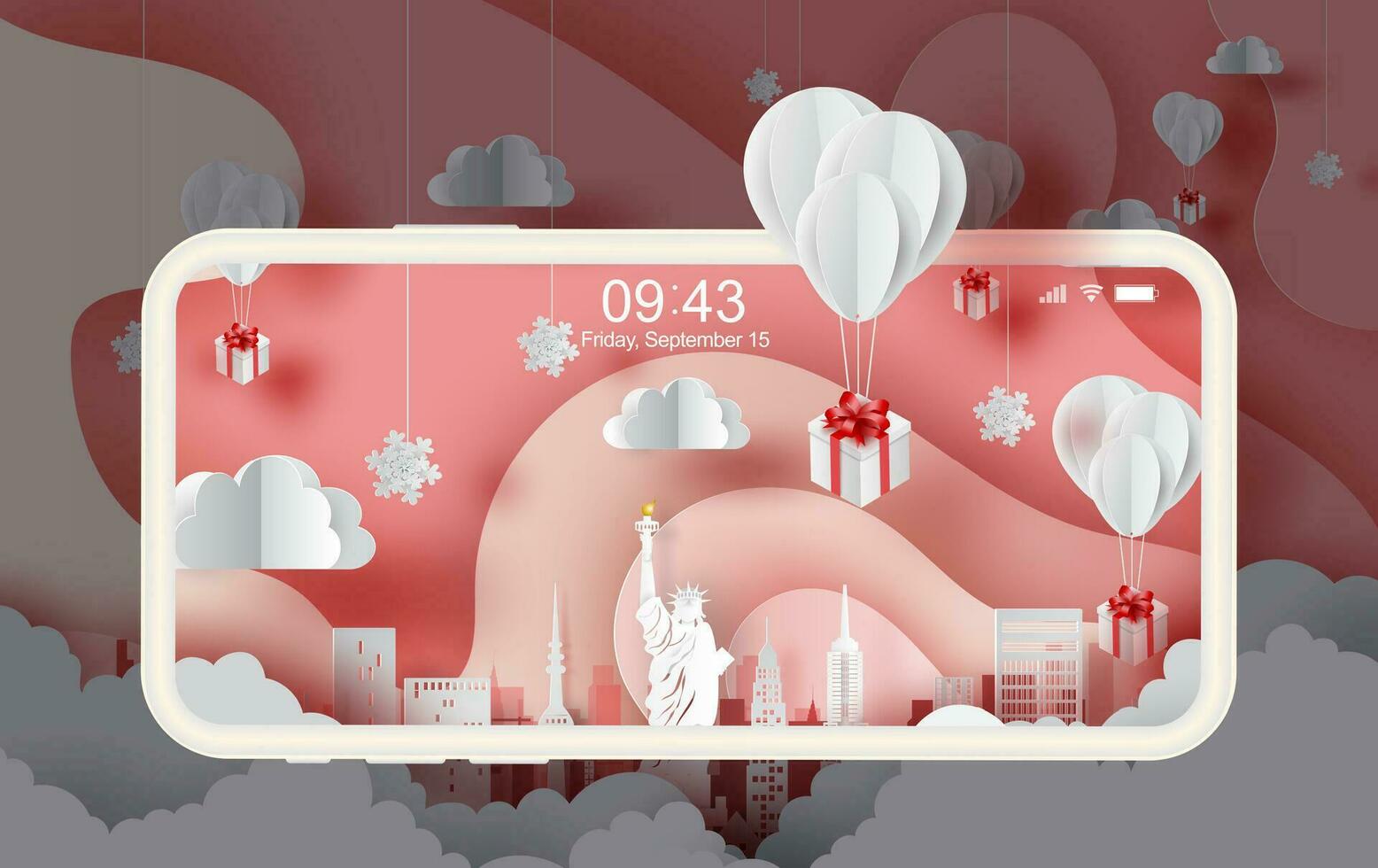 Paper art of white balloons gift floating on Abstract Curve shape pink sky background,Christmas seasontime.Smartphone concept for card and poster. New York city. USA. vector. illustration. EPS10 vector