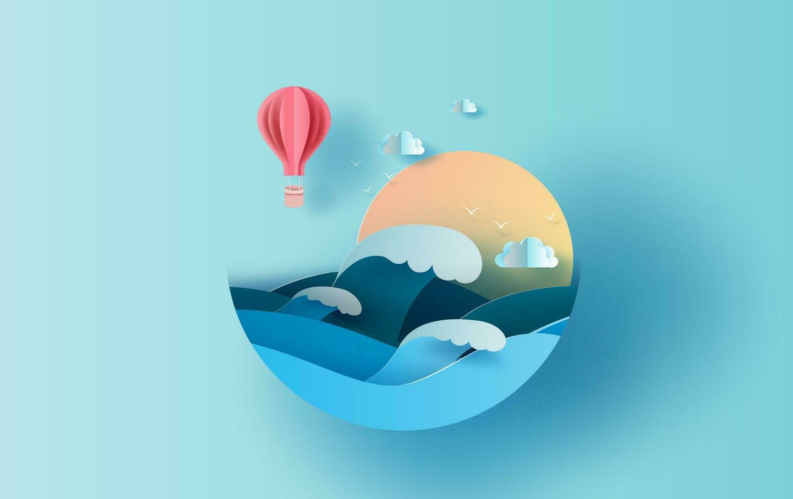 Illustration of travel in holiday summer season circle concept. Graphic design balloon paper cut style. Vacation summertime idea pastel color background,Sea wave view landscape sunlight. Vector EPS10