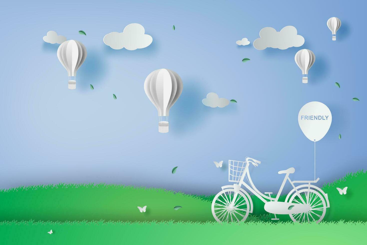 ilustración concepto de bicicleta en el jardín parque con caliente aire globos.creativos diseño digital papel arte y Arte estilo.paisaje ver verano temporada azul fondo.blanco decoración vacaciones.vector vector
