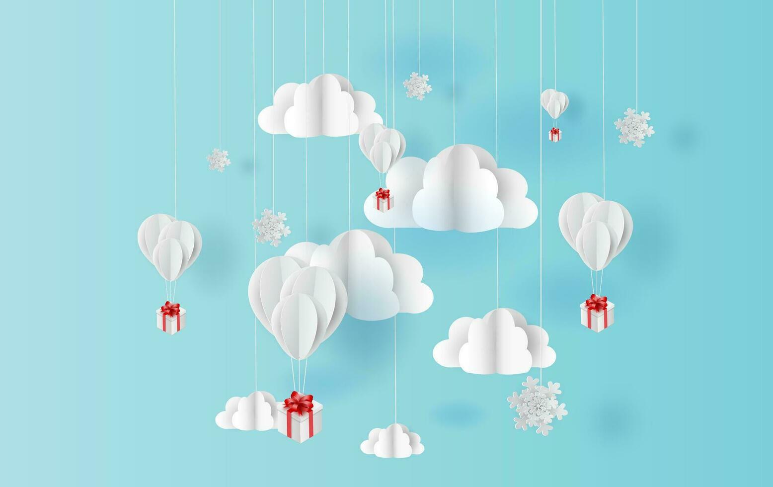 paper art style of balloons colorful color floating in air blue sky background.Creative design space for Christmas day,Festival,holiday,summer season,springtime.idea snow Pastel color.vector EPS10 vector