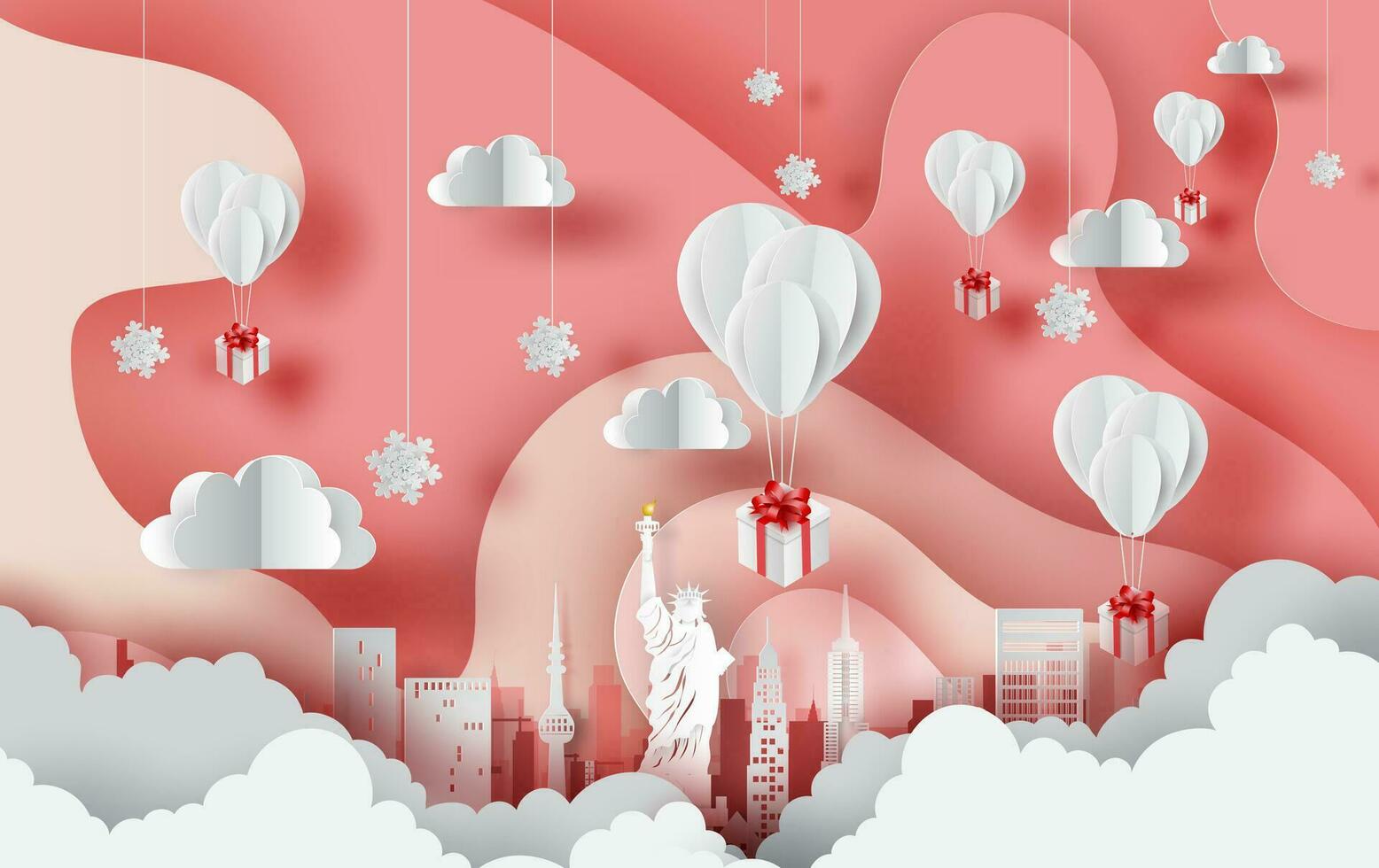 Paper art of white balloons gift floating on Abstract Curve shape pink sky background,winter seasontime concept. City landscape for card and poster. New York city. USA. vector. illustration. EPS10 vector