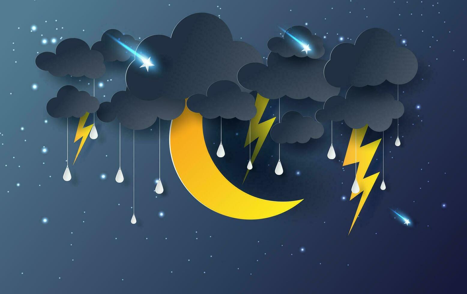 Luna y estrella con místico noche cielo fantasía fondo.oscuro Cloudscape y estrellas otoño en lluvia temporada.luz de luna a noche.creativa diseño papel cortar y Arte .tormenta medianoche.vector .ilustración. vector