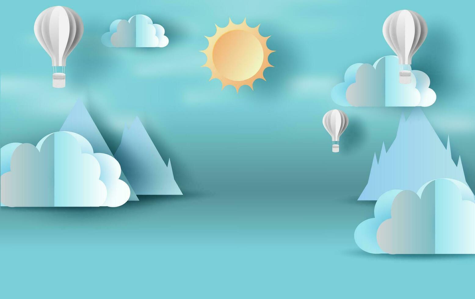 Scene blue sky with Cloudscape and sun for  poster, flyers, postcards, web banners.summertime season sunny background.Creative design paper art and cut style idea.craft. vector.illustration.EPS10 vector