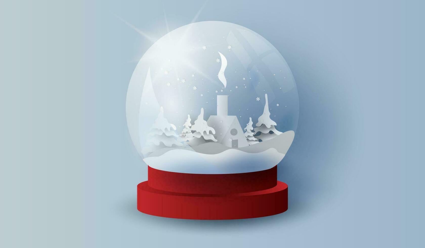 Glass ball snow stand with mountain landscape home.Happy new year and Merry Christmas day.Creative design paper art and craft style.Gift decoration for holiday and winter season.vector illustration. vector