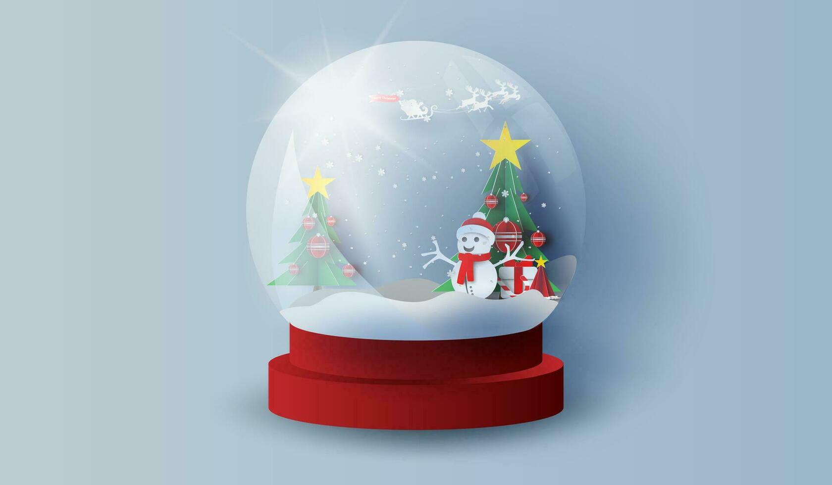 Glass ball snow stand with mountain landscape christmas trees in forest.Happy new year and Merry Christmas day.paper art and craft.Snow ice and Gift decoration for holiday and winter season.vector vector