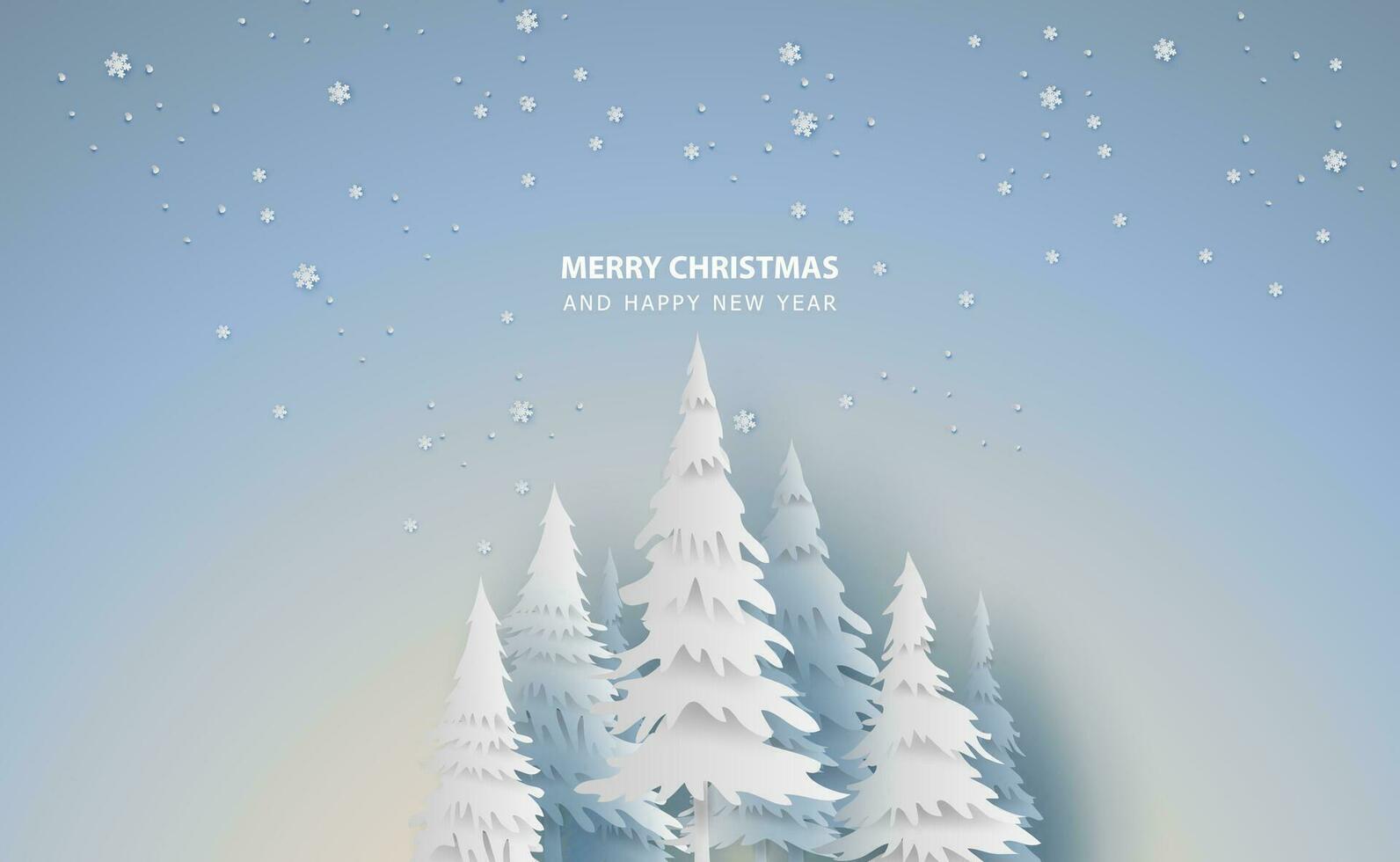Scenery Merry Christmas and New Year on holidays background with forest winter snowflakes season landscape.Creative graphic snowfall paper art and cut for card and postcard Vector Illustration. EPS10