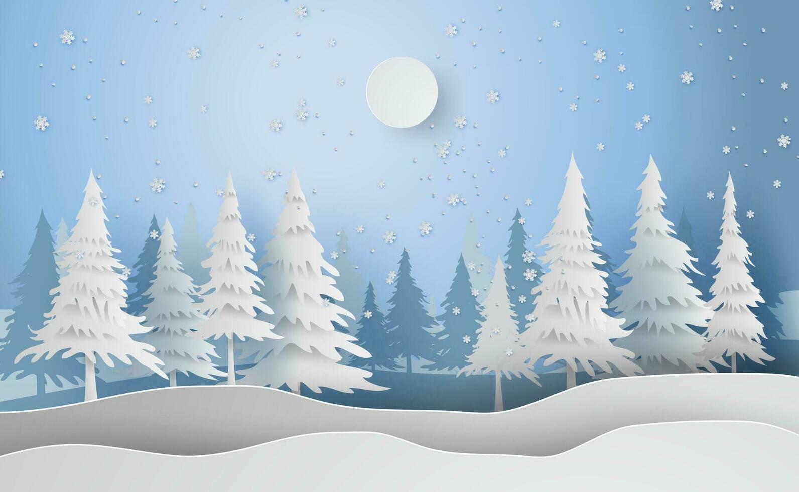 Scenery Merry Christmas and New Year on holidays background with forest winter snowflakes season landscape.Creative design paper art and cut style for card and Xmas postcard Vector Illustration.EPS10