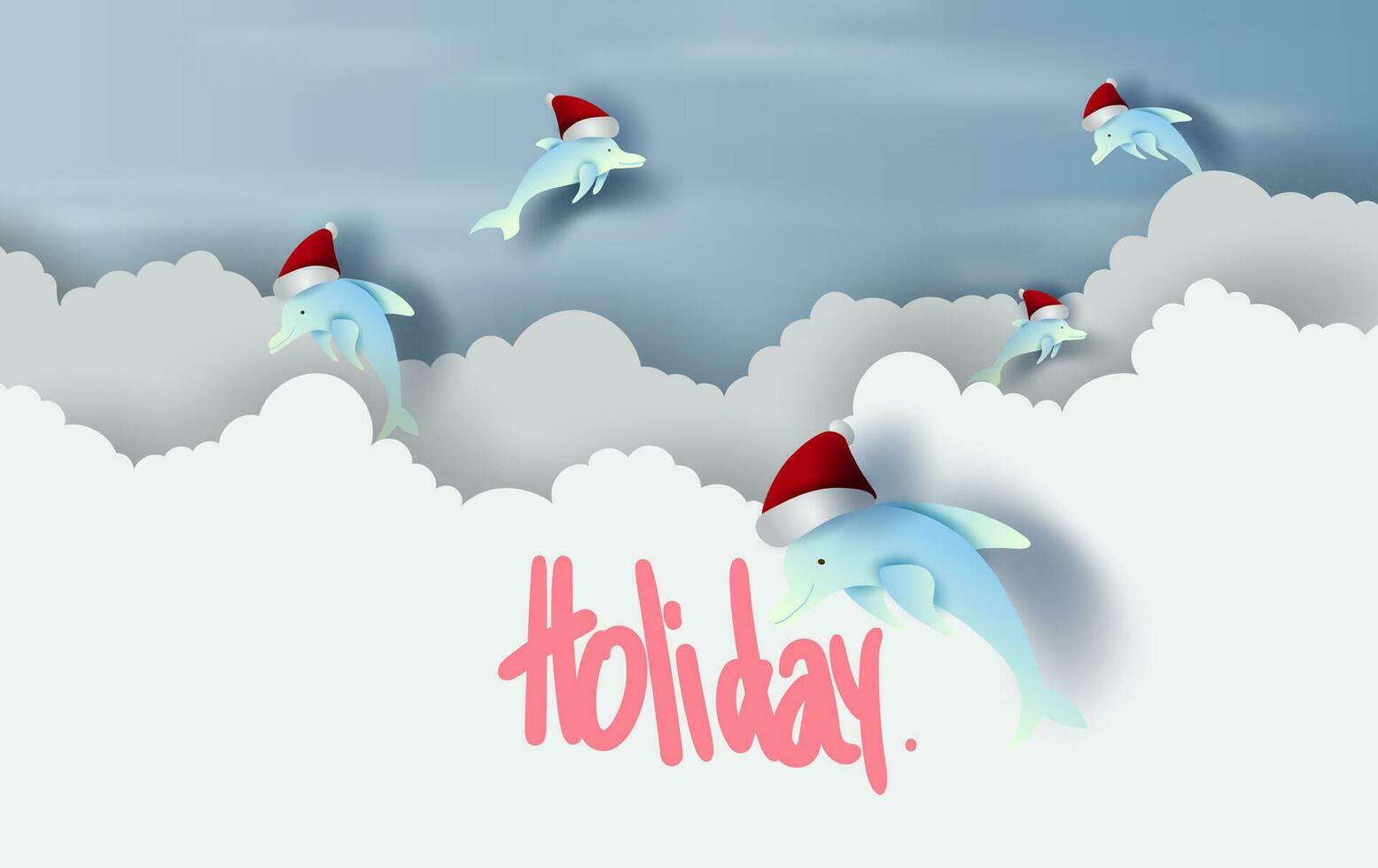 Merry Christmas and Happy new year with  dolphin hat santa jump on air sky concept.Holiday festival party landscape.scene place of your text for card and poster.Paper cut and craft. vector.EPS10 vector