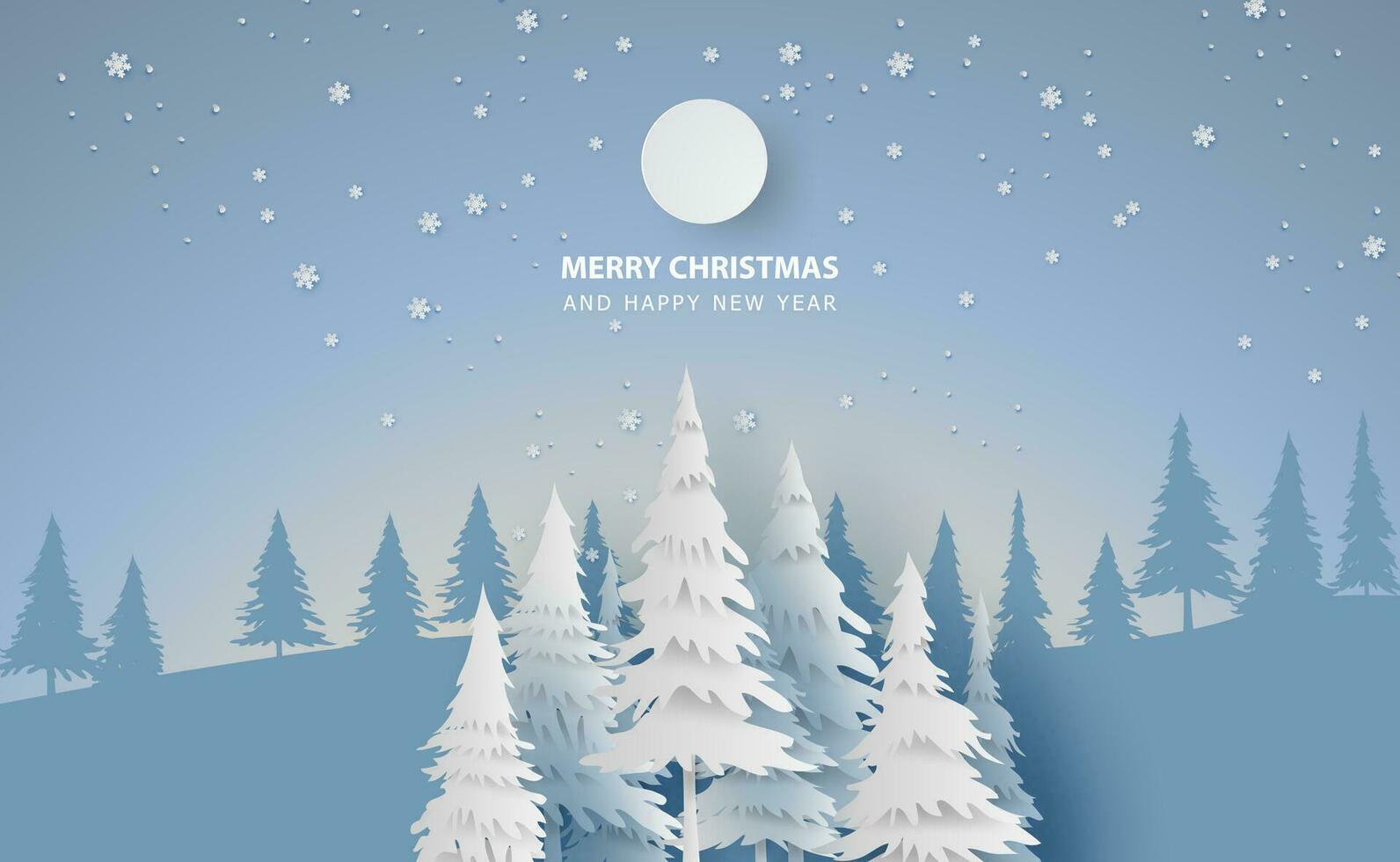 Scenery Merry Christmas and New Year on holidays background with forest winter snowflakes season landscape.Creative snowfall and full moon paper art and cut style for card. Vector Illustration.EPS10