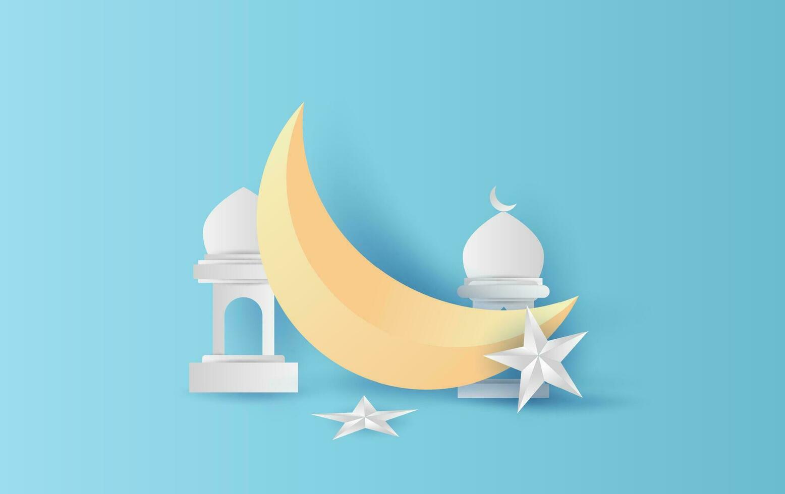 Paper cut of Ramadan Kareem crescent moon decoration with star and lantern on pastel color background.Minimal cute paper art and craft style for poster and card. vector.Culture illustration.EPS10 vector